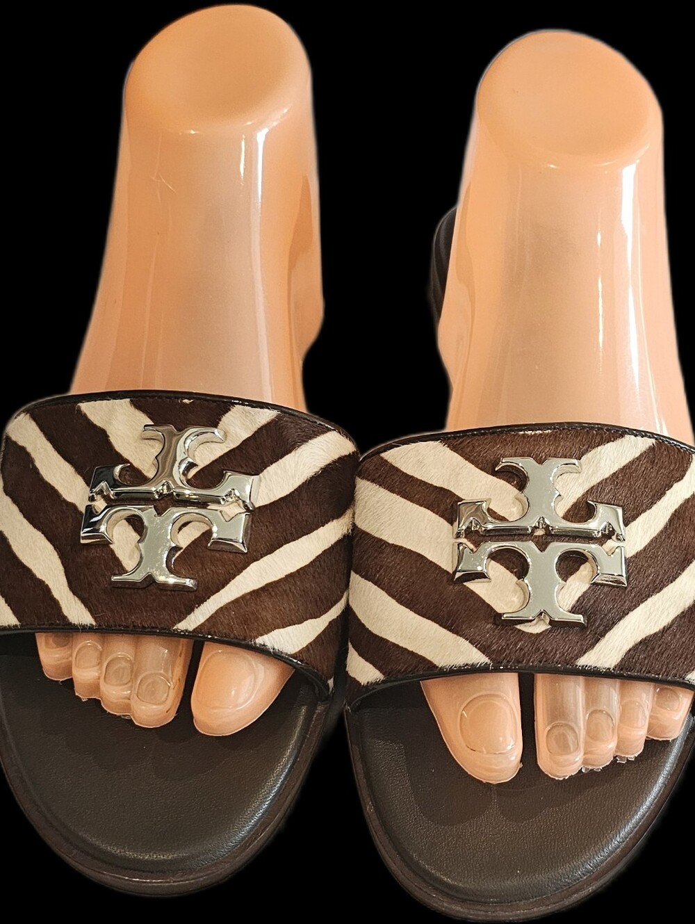 Tory Burch Women's Zebra Print Fur Leather Slide Sandals Size 10M